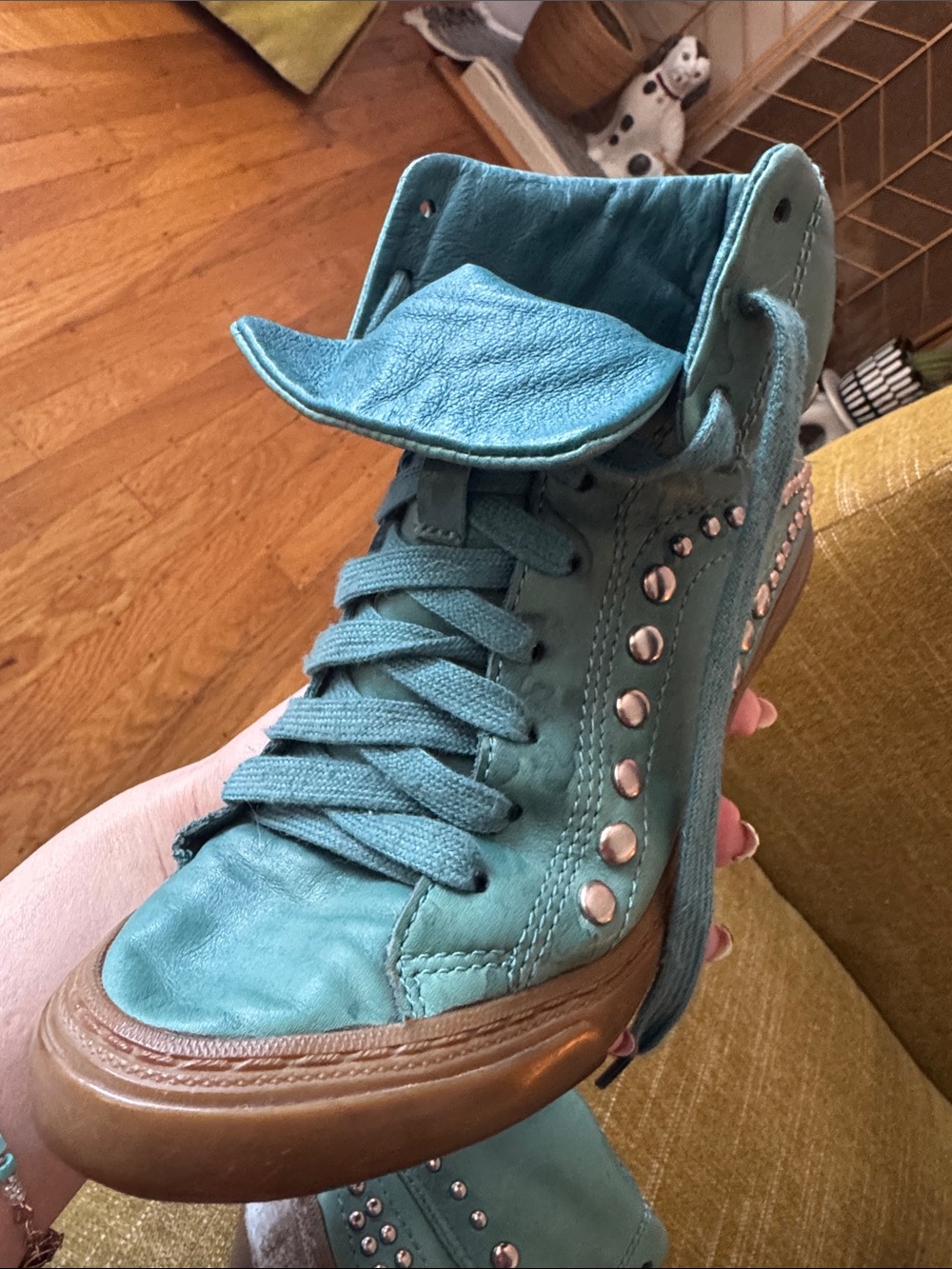 Ash Teal Lace-Up Studded High-Top Heels - Picture 11 of 11